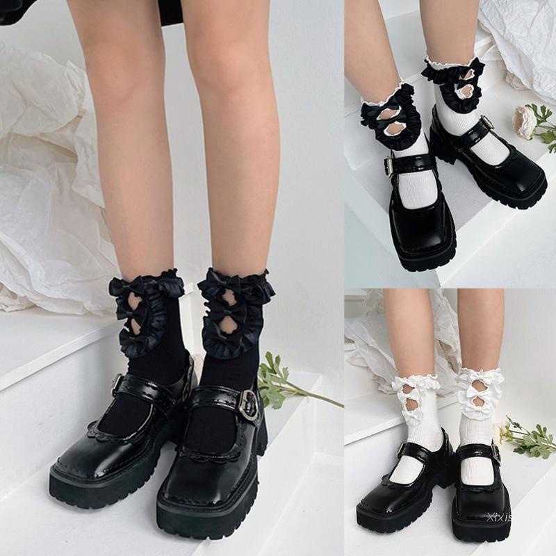 Vớ cotton phối bèo đính nơ phong cách lolita đáng yêu cho nữ