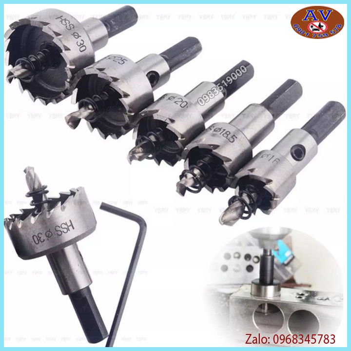 MŨI KHOAN KHOÉT LỖ, Bộ 5 Mũi Khoan, Mũi Khoét Kim Loại Thép HSS 6542 Kích Thước 16-30mm Có Mũi Định Tâm