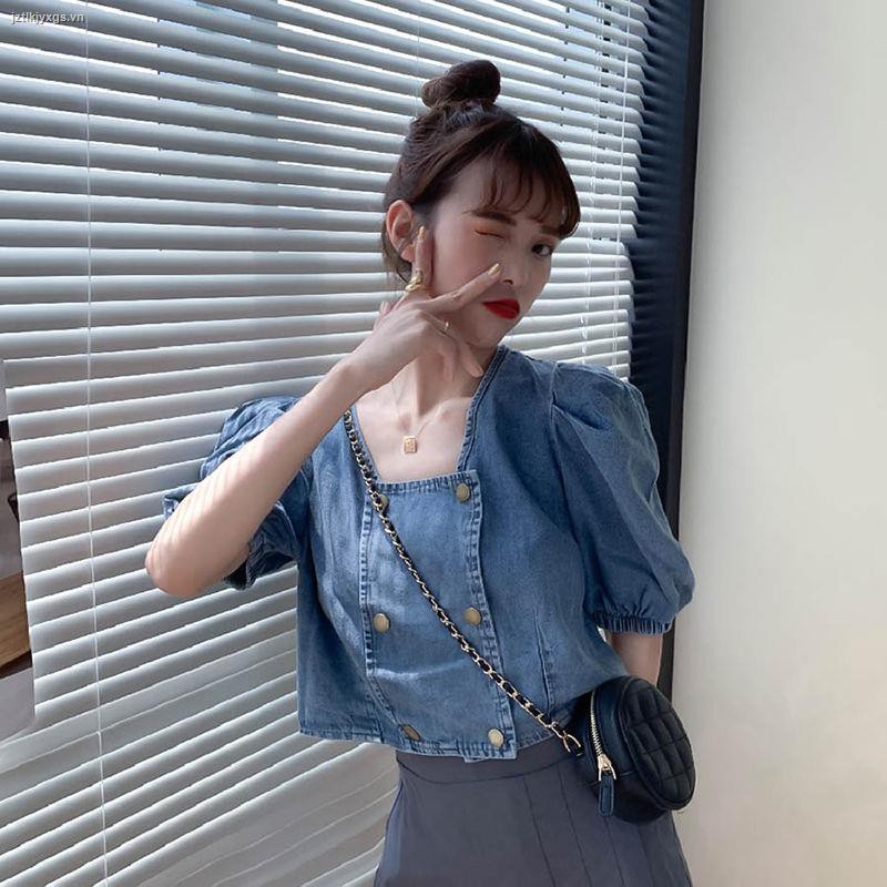 ✚Summer 2021 new retro Hong Kong style design sense navel short loose square collar denim short-sleeved shirt top women