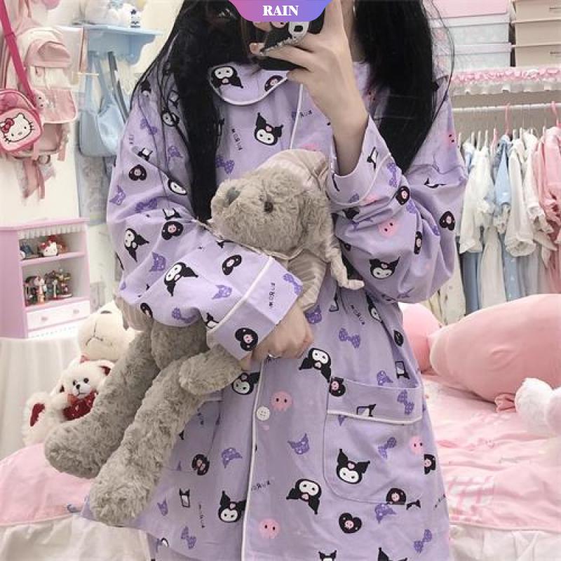 Bộ Đồ Ngủ Hai Mảnh Tay Dài Dáng Rộng In Họa Tiết Sanrio Kuromi Dễ Thương Có Thể Đáng Yêu Dành Cho Bạn Nữ [RAIN]