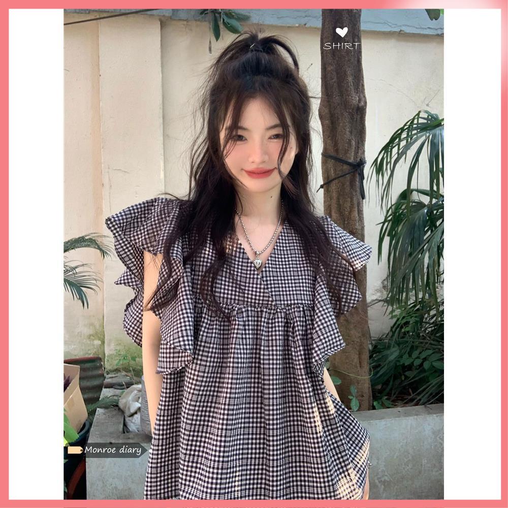 Ao babydoll nu Áo Sơ Mi Cổ V Tay Cánh Tiên Dáng Rộng Phong Cách Hàn Quốc Thời Trang Mùa Hè Cho Nữ