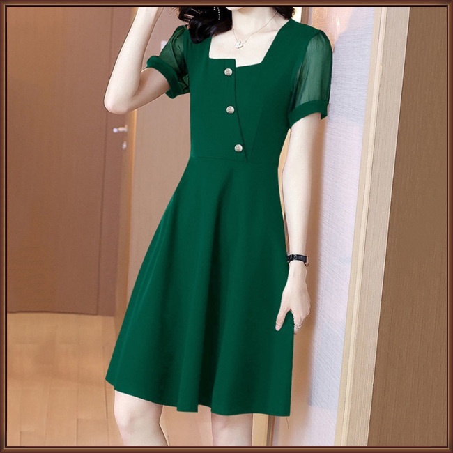 Đầm Tay Ngắn Cổ Vuông Màu Sắc Trơn Thời Trang Dành Cho Nữ