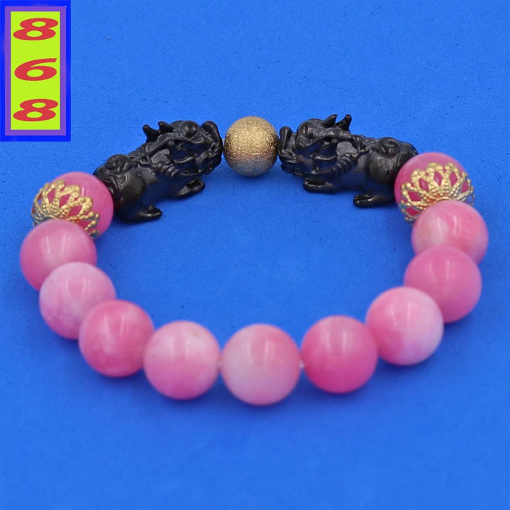 Vòng tay đá Ngọc Tủy Hồng 12 ly - Vòng tay chuỗi charm Tỳ Hưu Đôi inox đen VNTHTHHEV12 - hợp mệnh Hỏa, mệnh Thổ