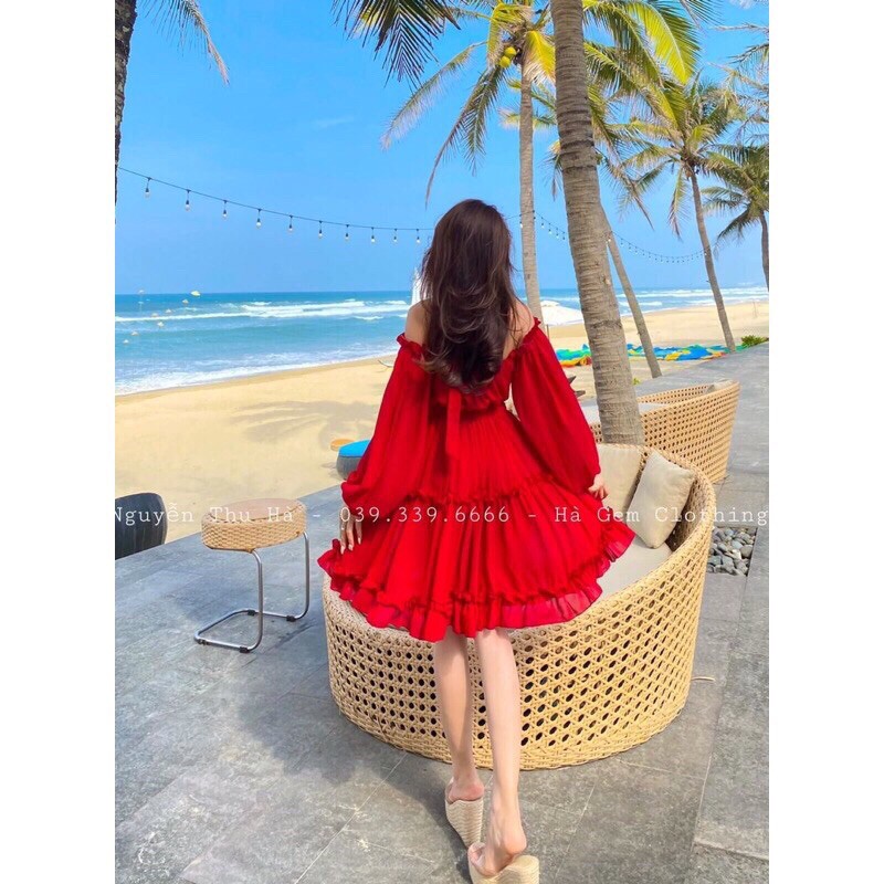 Váy trễ vai bèo dài tay, maxi đi biển, kèm ảnh thật