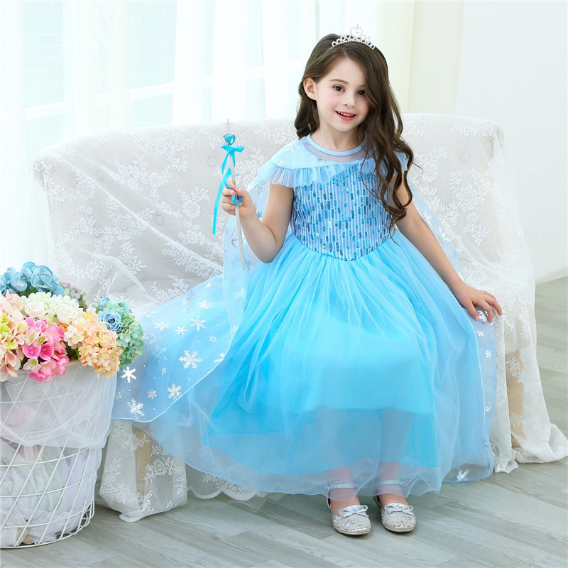 Váy Elsa màu xanh cao cấp kèm tà dài cho bé 3-8 tuổi