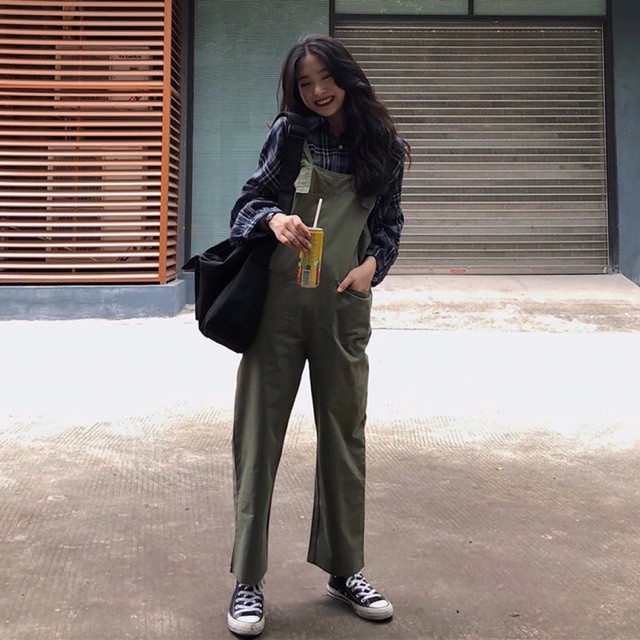 [ ORDER ] quần yếm khaki dài ulzzang / quần yếm ống rộng kaki xanh rêu và đen