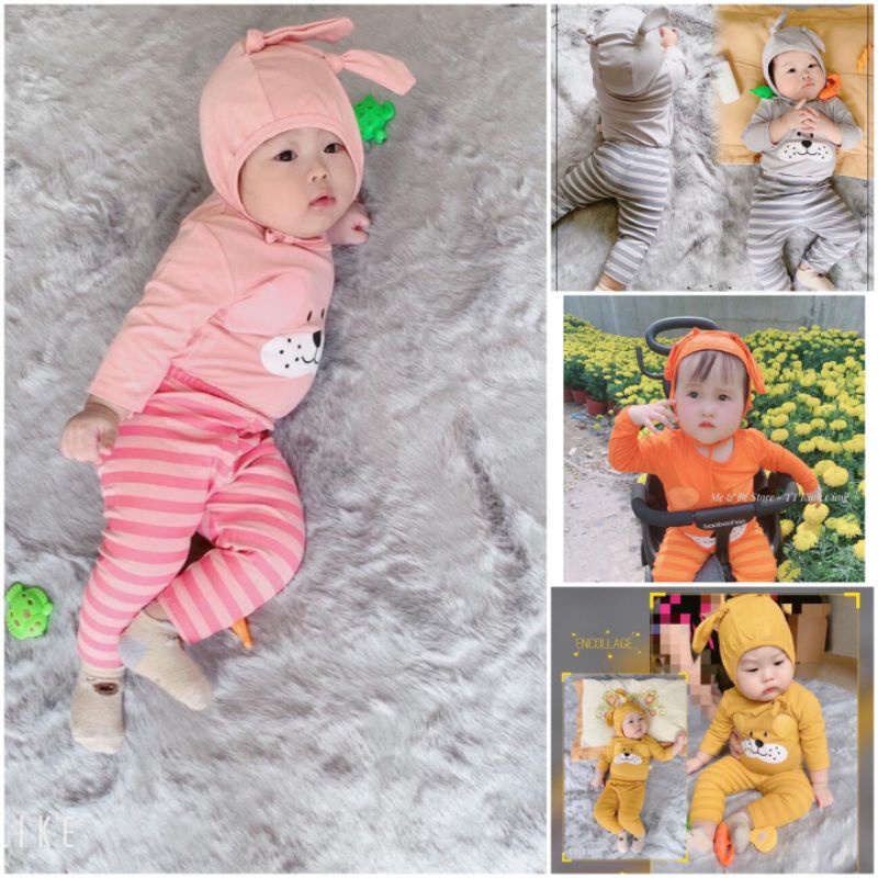 (SALE SỐC)7-14kg BỘ TAY DÀI SỌC CÚN KÈM NÓN CHO BÉ