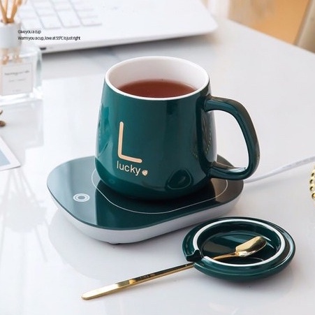 Bộ cốc sứ hâm nóng đồ uống Lucky 350ml có chân đế làm nóng nhanh, ly sứ hâm nóng trà, cafe, sữa tặng kèm thìa mạ vàng