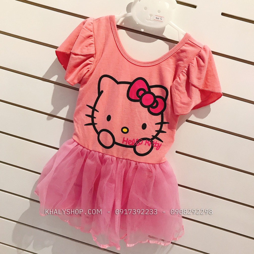 Đầm bơi tay ngắn hình Mèo Hello Kitty có 3 màu hồng lợt, hồng đậm, đen phối lưới siêu xinh cho bé gái - DBKT