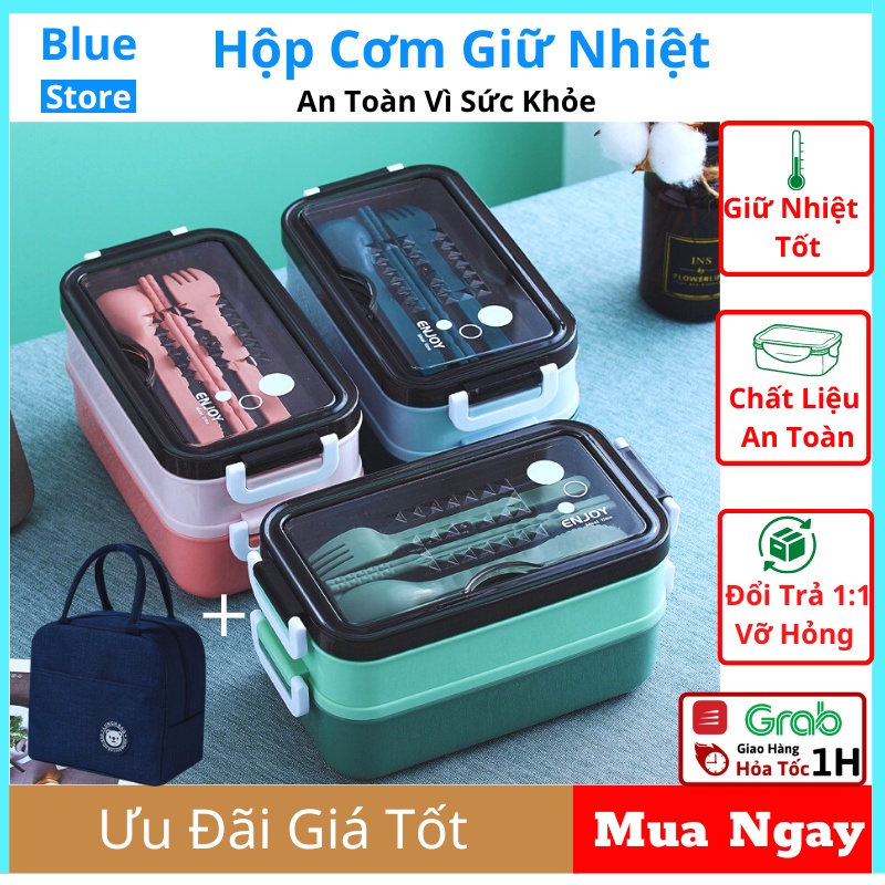 Hộp đựng cơm văn phòng - Hộp cơm giữ nhiệt hai tầng Inox 304 sử dụng lò vi sóng(Tặng kèm bộ đũa+thìa+dĩa) BlueStore