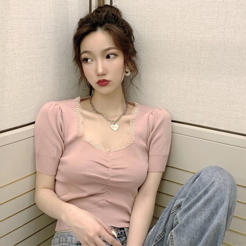 Áo Dệt Kim Màu Trơn Tay Phồng Cổ Viền Ren Phong Cách Hàn Quốc Nữ Tính | BigBuy360 - bigbuy360.vn