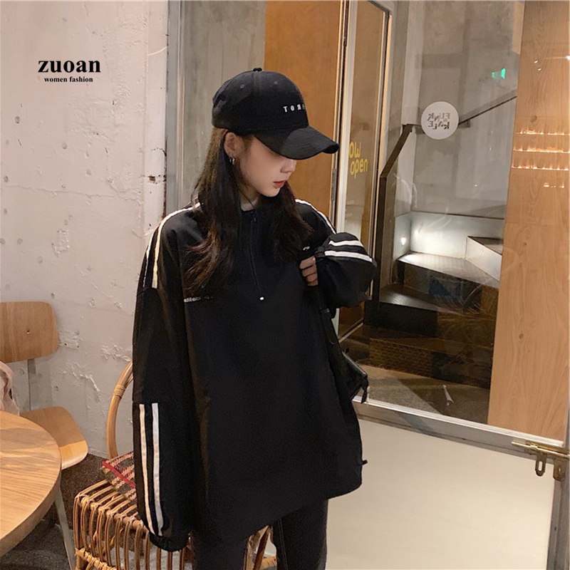 Áo Hoodie Tay Dài Kẻ Sọc Dáng Rộng Phong Cách Thời Trang Hàn Quốc