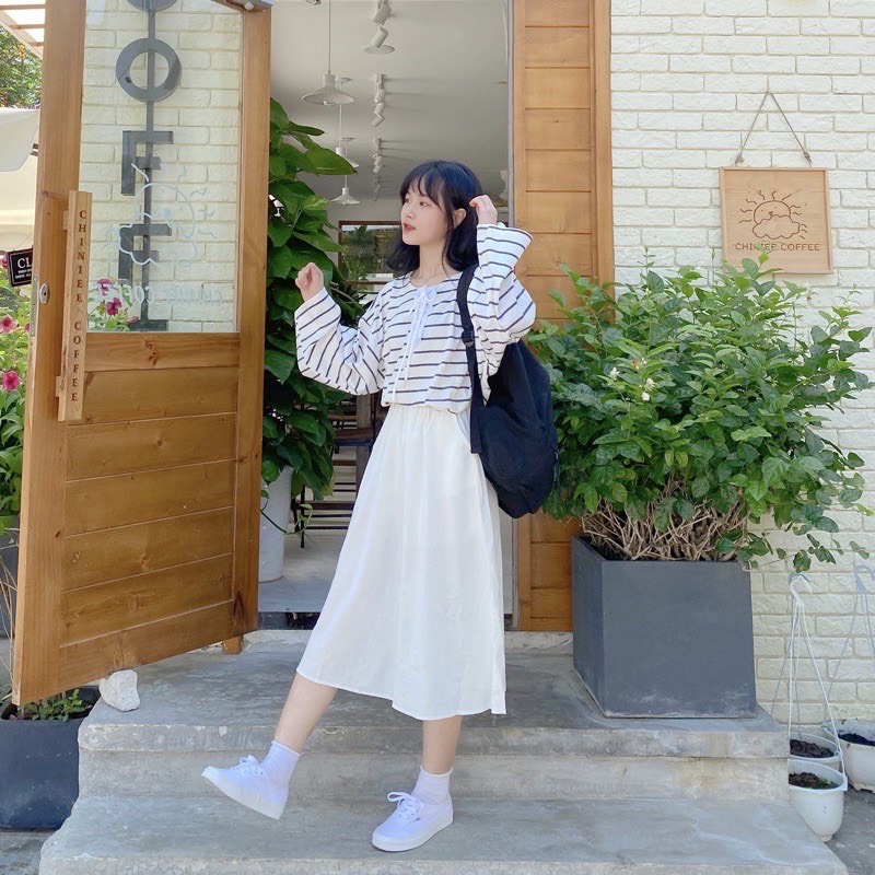 Chân váy dài vintage dạng xoè phong cách hàn quốc. Váy đũi dáng dài 2 lớp thiết kế lưng chun free size 3 màu hothit