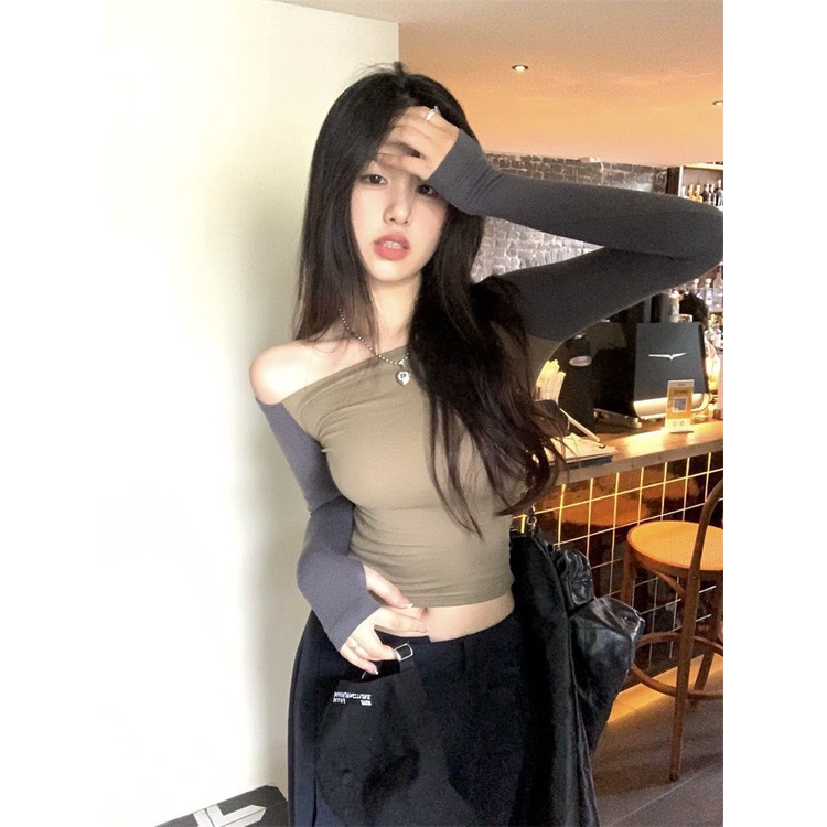 Áo Thun Tay Dài Lệch Vai Dáng Ôm Thời Trang Mùa Thu Cho Nữ
