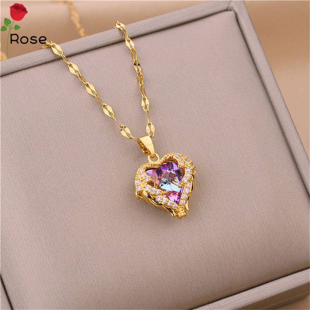 Dây chuyền thép titan mặt trái tim đính đá zircon nhiều màu sang trọng cho nữ