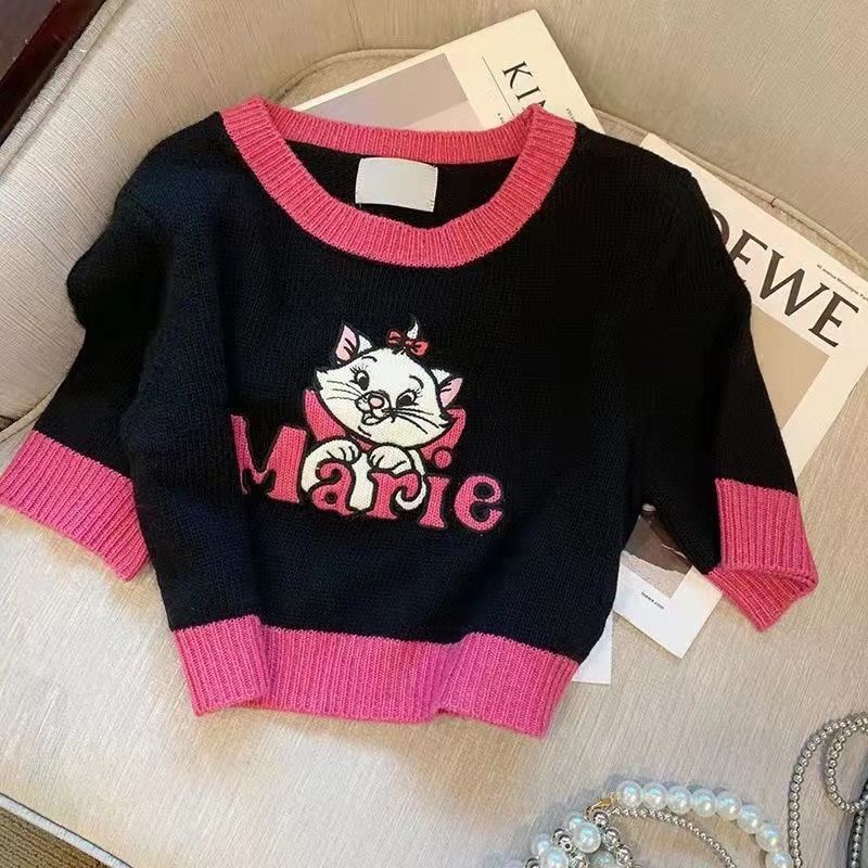 Áo thun Pure Cube dệt kim tay ngắn họa tiết hoạt hình màu sắc tương phản phong cách Nhật Bản thời trang cho nữ