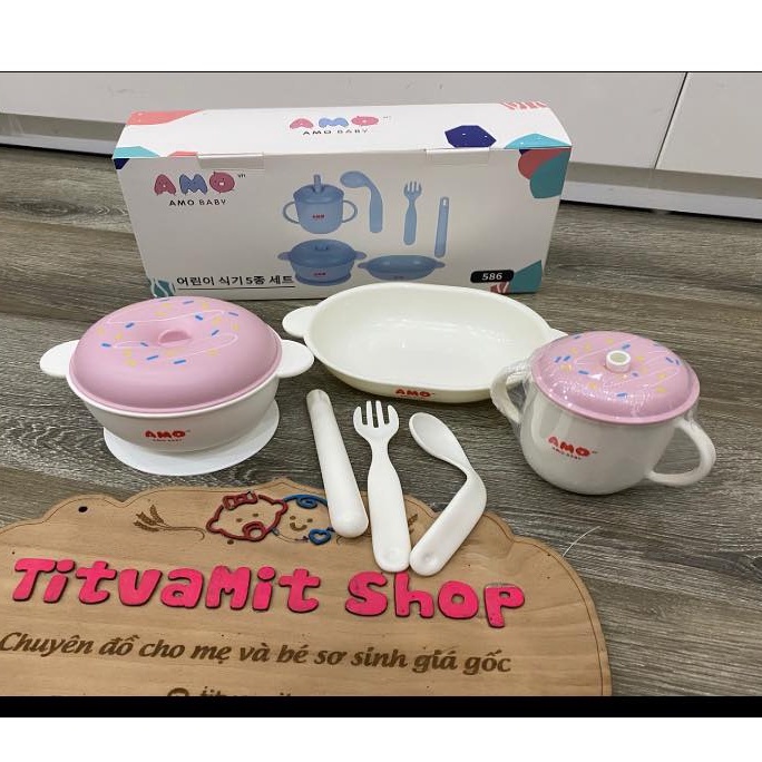 Bộ bát ăn dặm AMOBABY 6 chi tiết, set bát ăn dặm cho bé
