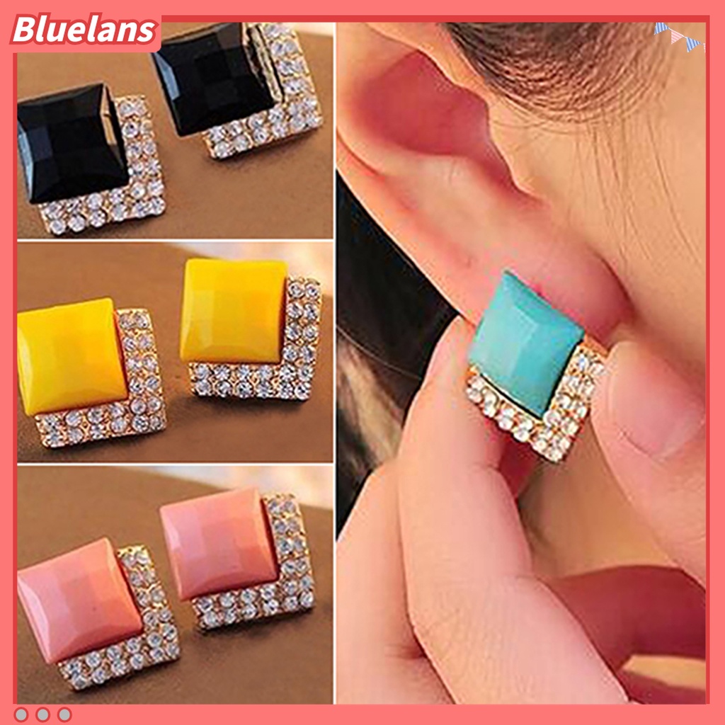 Đôi bông tai hình vuông phối đính đá thời trang cho nữ