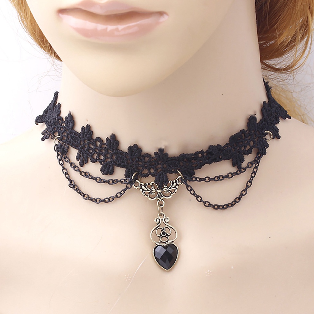 Vòng cổ choker ren đính đá hình trái tim cá tính sang trọng dành cho nữ