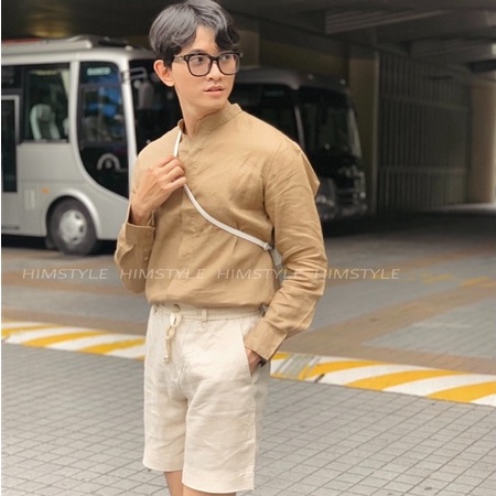 Áo Sơ Mi Nam Cổ Trụ Tay Dài Không Túi Linen Tưng