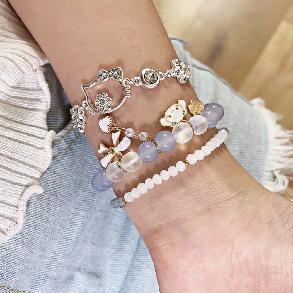 Vòng tay xỏ hạt tròn mặt hoạt hình đính nơ có thể điều chỉnh phong cách Hàn Quốc đơn giản độc đáo dành cho nữ