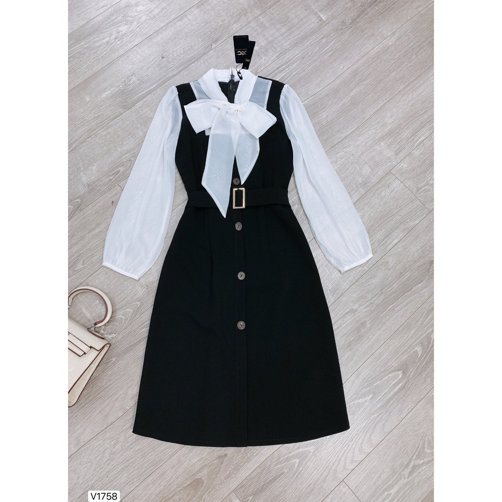 Váy đen suông tay phối trắng kèm đai V1758 - DOLCE VIVA COLLECTION