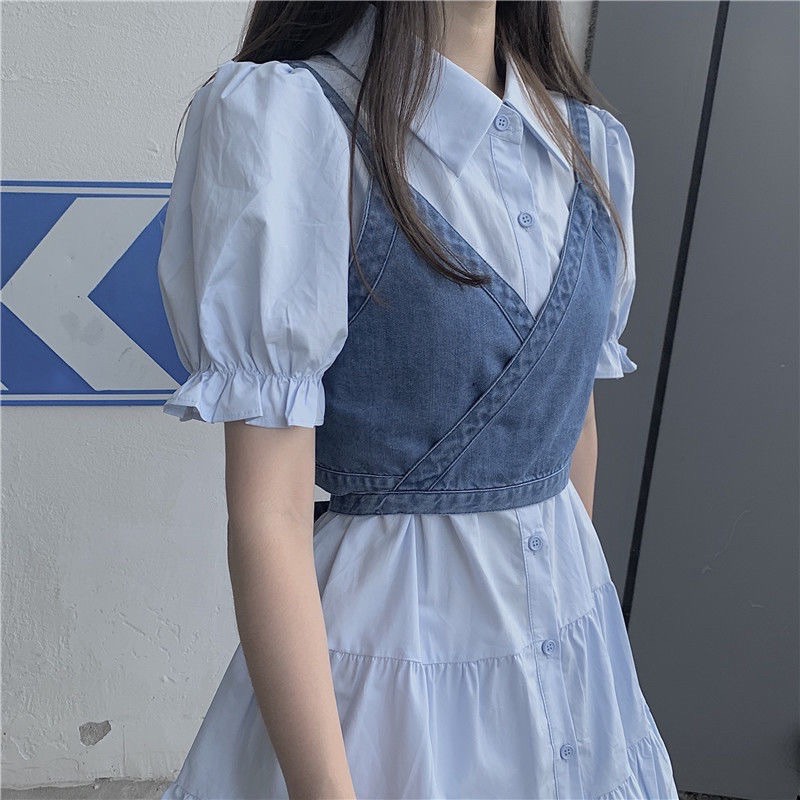 Set đầm áo yếm bò phối sơ mi năng động Ulzzang kèm ảnh thật ♡