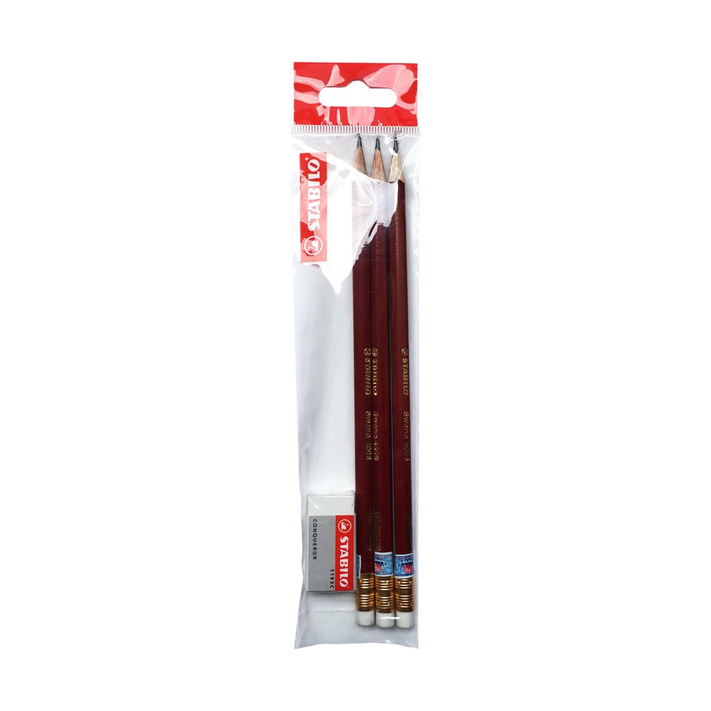 Bộ 3 cây bút chì gỗ STABILO Swano có đầu tẩy thân đỏ + gôm tẩy ER193 (PC4906-C3+)