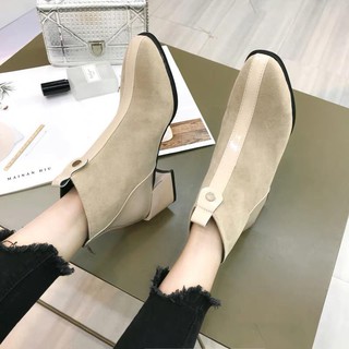 Giày Bốt Nữ Da Lộn Viền Da Gót Vuông cao 5cm