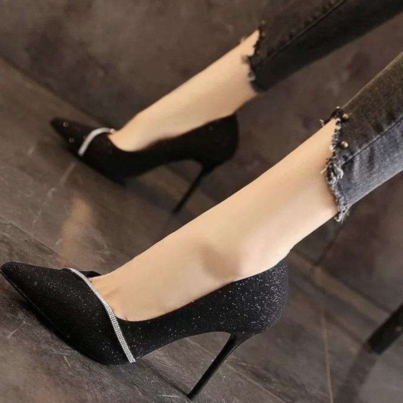Giày cao gót mũi nhọn đính đá thời trang mùa xuân phong cách Pháp 2021 sang trọng cho nữ