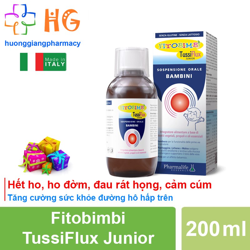 Fitobimbi Tussiflux Junior, siro ho cho bé, giúp giảm các triệu chứng ho, ho có đờm, đau rát họng do viêm họng