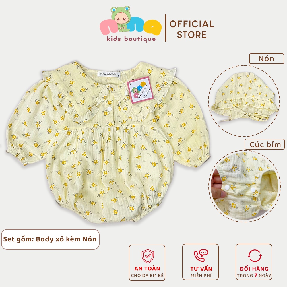 Bodysuit dài tay cho bé gái sơ sinh 0 12 tháng Nina Kids Boutique Body xô sơ sinh bé gái đầy tháng Kèm mũ Size 0 24tháng