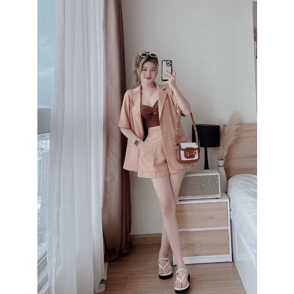 Sét bộ thời trang nữ mặc đi chơi chất tuyết mưa áo blazer tay lỡ kèm lót thun gân