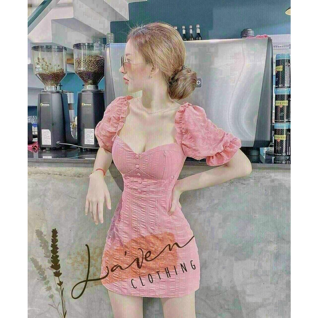 Đầm tay phồng đính nút trẻ trung cá tính  quá đẹp fashionzero - 80059