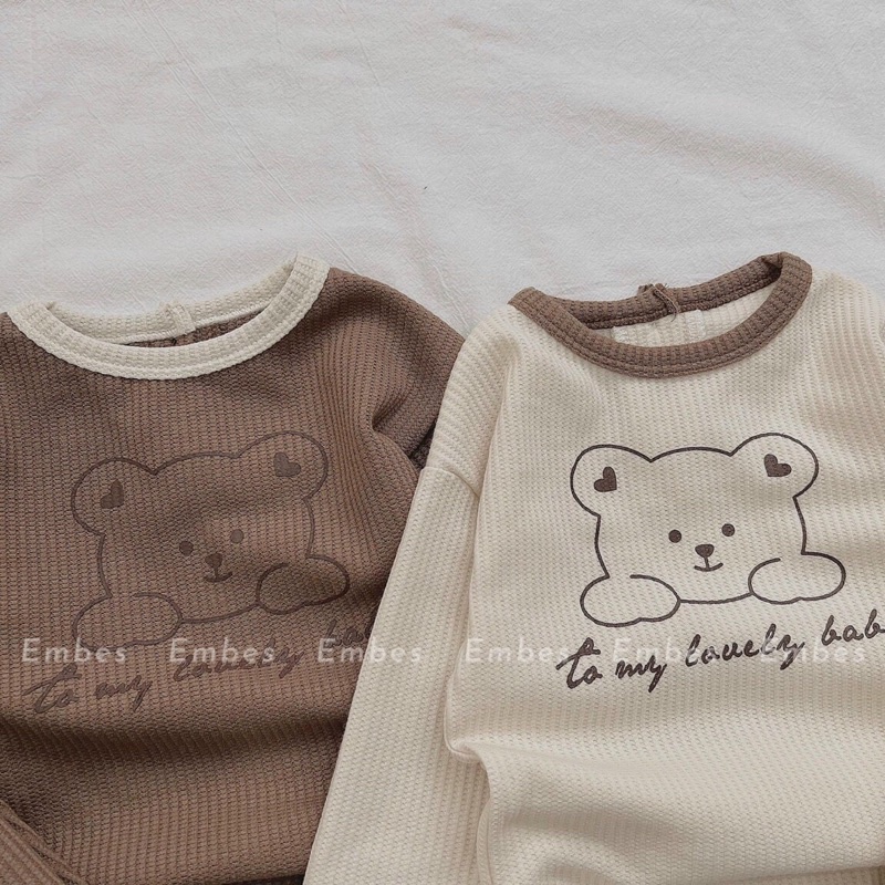 Bộ thu đông cho bé trai, bé gái hình gấu cute chất xốp xuất Hàn mỏng nhẹ, không gây dặm ngứa
