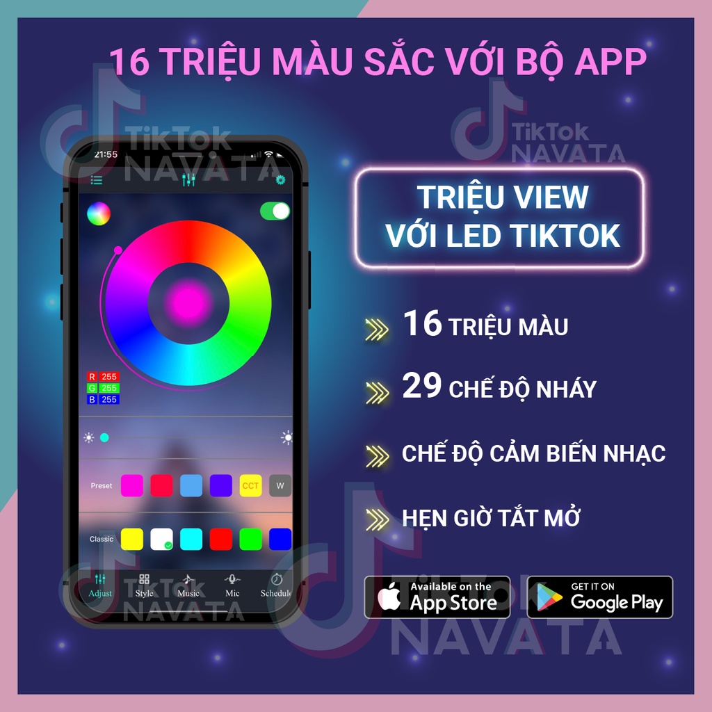 Đèn Led TikTok 5m 10m Điều Khiển APP 16 Triệu Màu, Pha Màu DIY đèn trang trí phòng ngủ Led 5050 RGB Loại Tốt