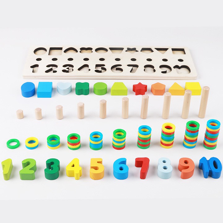 Giáo cụ đồ chơi cho bé Montessori nhận biết hình dạng, hình khối, số và tập đếm