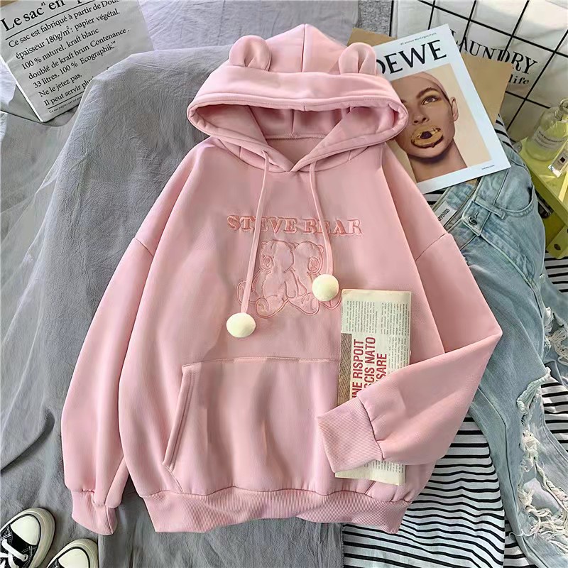 Áo Hoodie Dáng Rộng Thêu Hình Tai Gấu Dễ Thương Cho Nữ