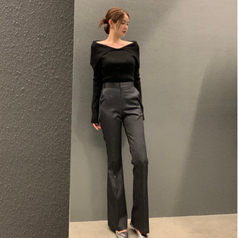 QKOOLE Áo croptop  dệt kim tay dài trễ vai phong cách Hàn Quốc xinh xắn cho nữ