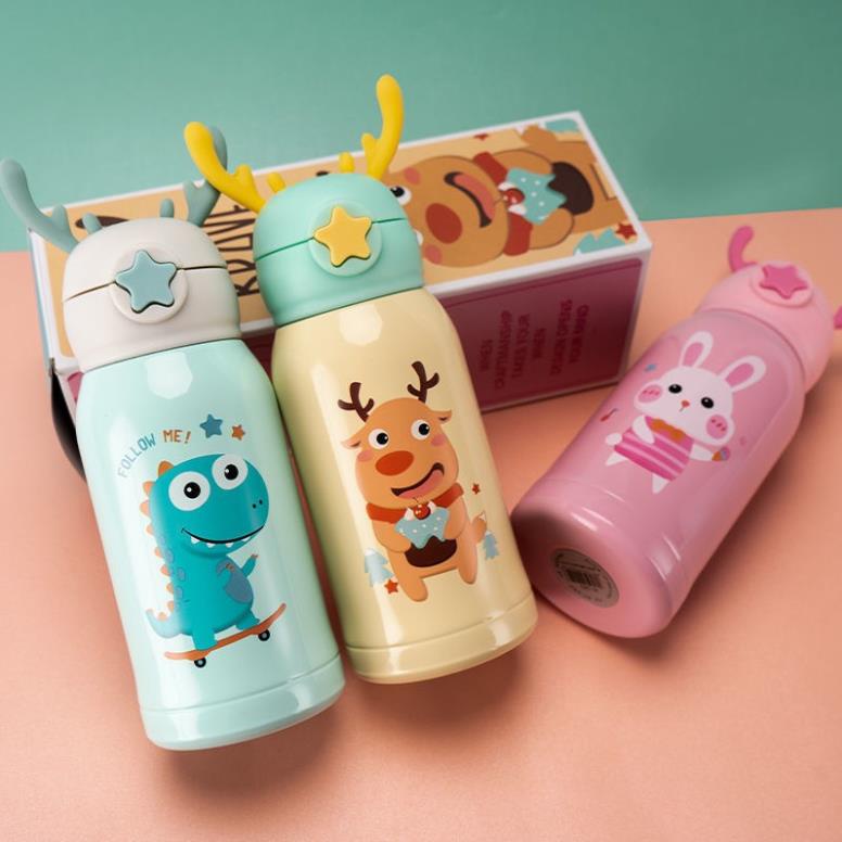 Bình Nước Giữ Nhiệt Inox Cao Cấp Hình Hươu Cute Cho Bé Có Ống Hút