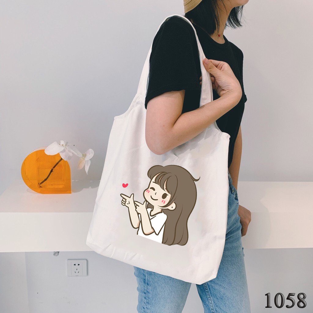 Túi Tote Túi Vải Canvas Trắng Đeo Vai Đi Học Đi Du Lịch 1058 In Hình Cô Bé Thả Tim Siêu Dễ Thương