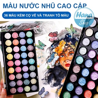 Màu nước Nhũ cao cấp solid water color- 36 màu kèm cọ vẽ và tranh tô màu