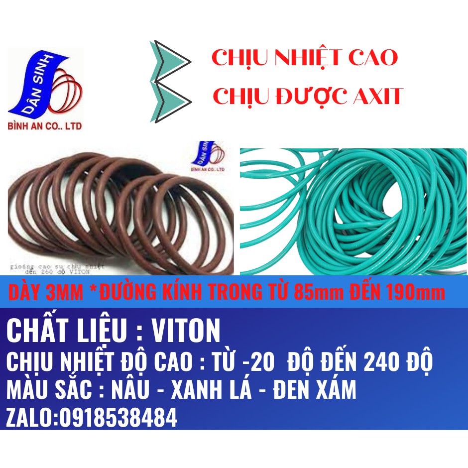 Dày 3mm * Đường kính Trong( 85mm đến 190mm ) Gioăng VITON/FKM chịu nhiệt cao
