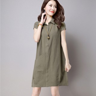 Đầm suông cổ sơ mi phối túi bên hông SLINEN, chất vải thô đũi mềm mát, form váy suông không kén dáng.