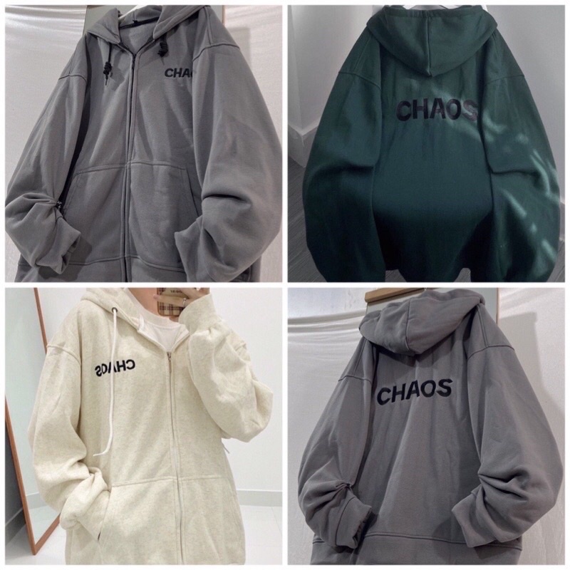 Áo khoác nỉ bông cotton cao cấp áo khóa dây kéo zip dày dặn in chữ CHAOS form rộng unisex nam nữ AQ STORE