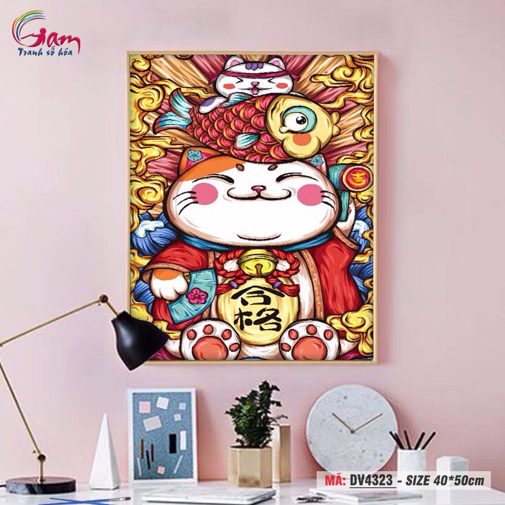 Tranh sơn dầu số hoá Gam mèo chiêu tài căng khung 40x50cm DV4323