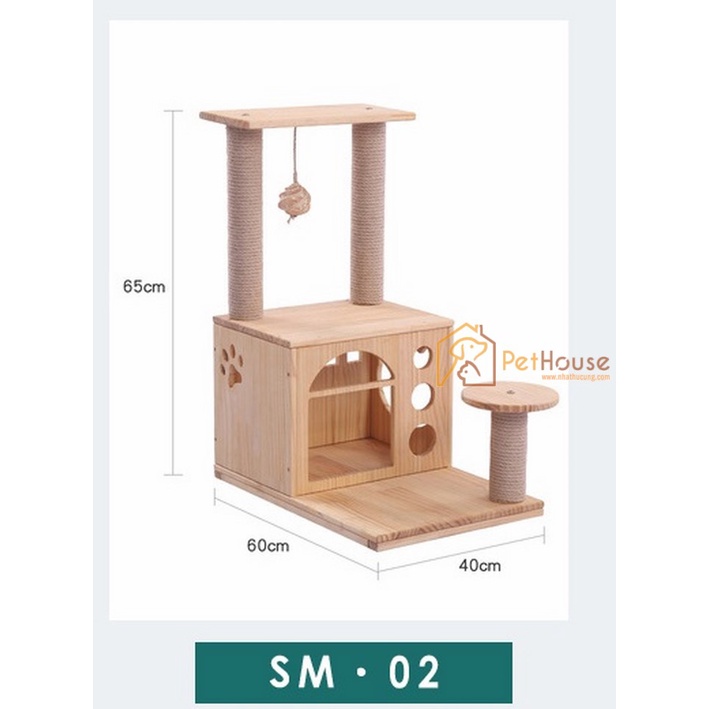 Nhà cây cho mèo đa năng loại lớn có cào móng và nhà nghỉ cattree sản gỗ thông tự nhiên