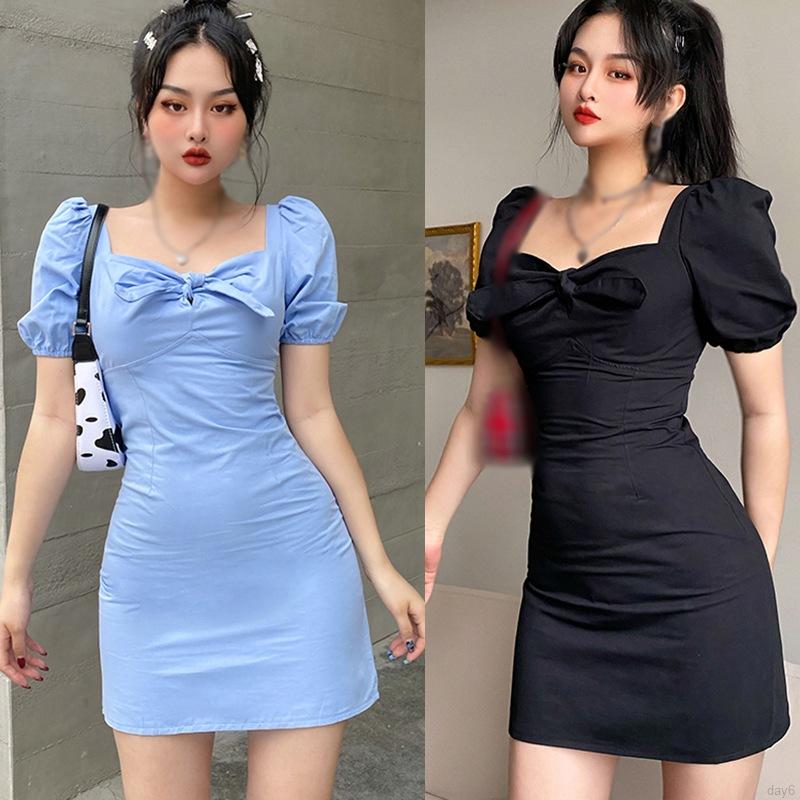Shinee Korean Fashion Women's Dress Retro Bubble Sleeve Bow Sexy Self-cultivation Thin Dresses