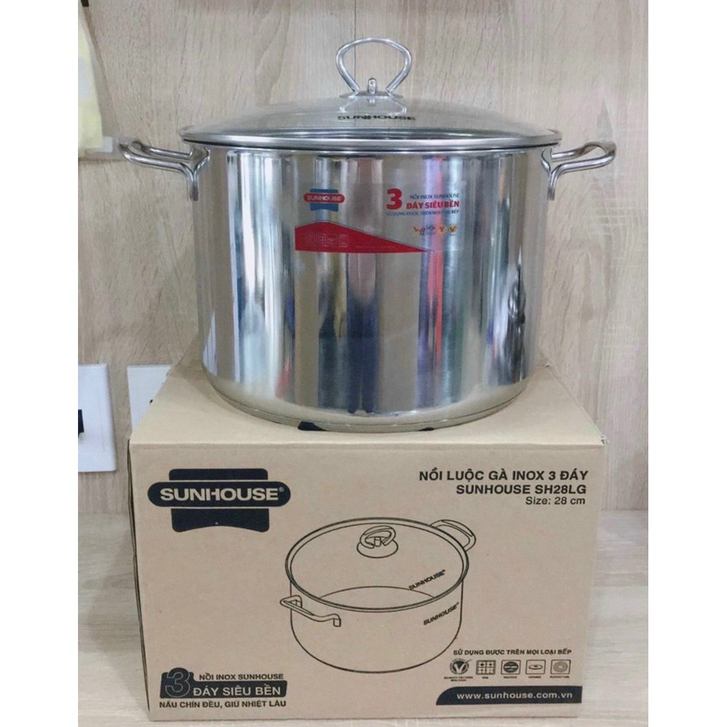 NỒI LUỘC GÀ SUNHOUSE 3 ĐÁY SH28LG sử dụng trên mọi loại bếp