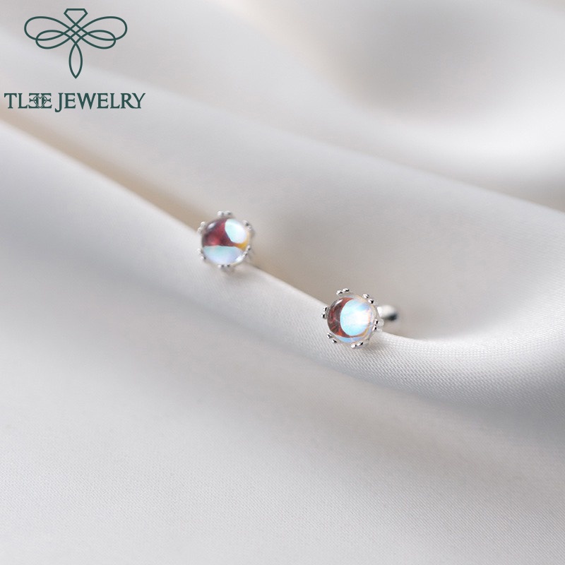 Khuyên tai bạc nữ TLEE hạt tròn đá moonstone lấp lánh bạc 925 cao cấp chốt vặn TleeJewelry B0125